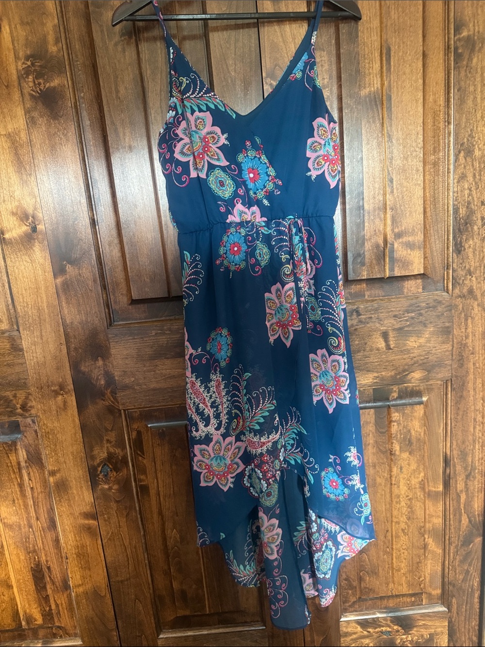 Iz Byer Navy Floral Asymmetrical Spaghetti Strap Dress